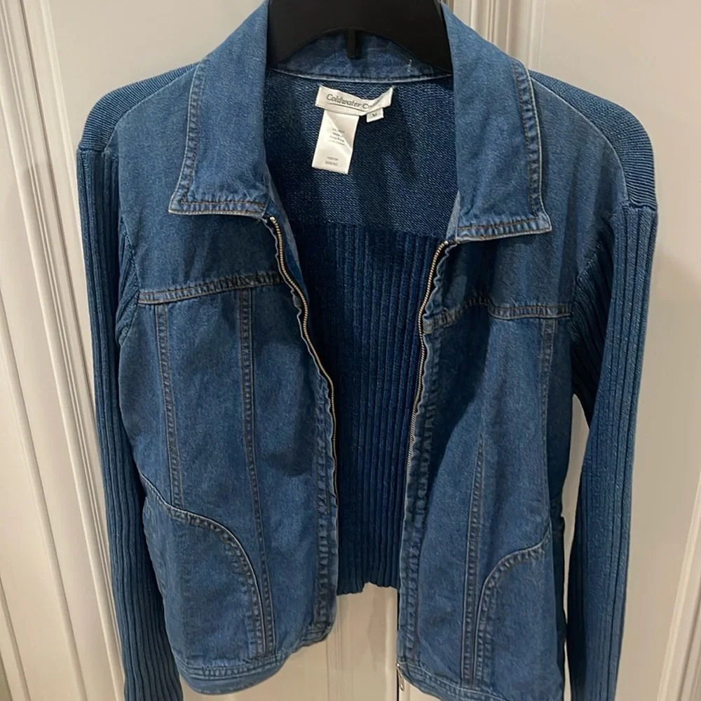 Vintage Coldwater creek jean jacket sweater zip Jeans blue Denim knit back sz M - Picture 1 of 13